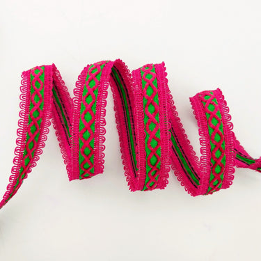 Green Cotton Fabric Lace Trim with Pink Thread Embroidery, Trim By 3 Yards, Craft Decorative Ribbon